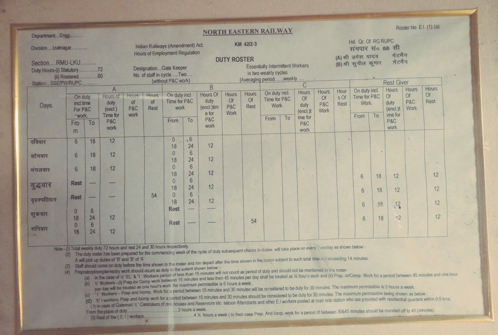 रुद्रपुर सिटी में समपार संख्या 88/c पर ड्यूटी रोस्टर में डबल रेस्ट लगा कर दिया गया है पर कर्मचारियों को डबल रेस्ट नहीं दिया जा रहा है जब से S.S.E प्रभात कुमार महोदय ने चार्ज लिया है तब से डबल रेस्ट बंद कर दिया गया ह <a href="/drm_drmizn/">Izzatnagar_DRM</a> <a href="/basantchaturve9/">Basant Chaturvedi</a>
