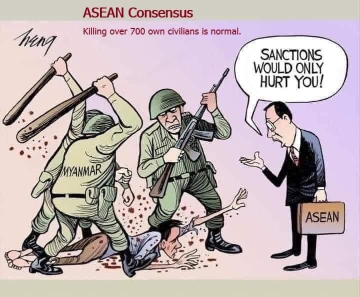 tayza19's tweet photo. #whatshappeningnowinmyanmar #ASEANConsensus It is the reflection of Bullshits Consensus by recent ASEAN Summit! Why in the hell saying consensus in the first place and what if the junta would not follow any of them and then what are the counter measures. Useless meeting by idiots https://t.co/Mr3vINmtwh