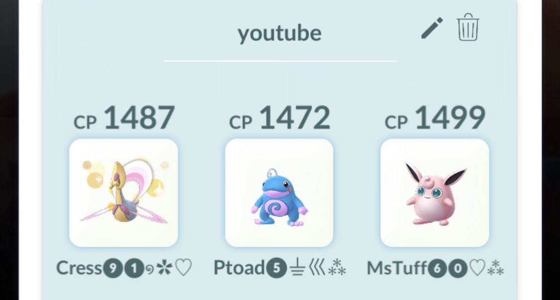 I dropped to 1850 yesterday. oops. Went on youtube last night for some team curation guidance & found this line up to run with all day today. 
—
Lead: #cresseli
Support: #politoad ✨ & #wigglytuff 
—
#pokemongo #gbl #pvp #greatleague #greatleagueremix #youtube