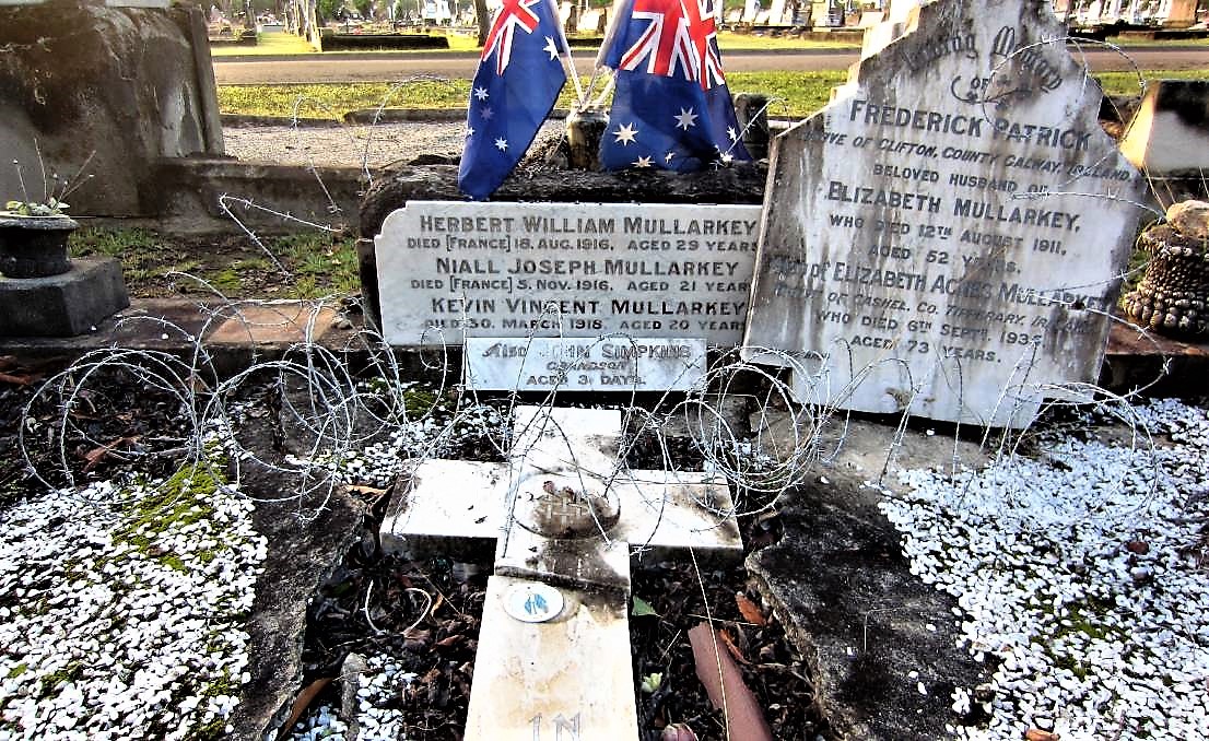 The Mullarkey family plot at Woronora Cemetery, Sutherland, in southern Sydney.The matriarch, Elizabeth, from County Tipperary, died in 1935.She had lost three of her six sons in the war, plus another disabled.Despite this, she was always renowned for her cheerful nature.END
