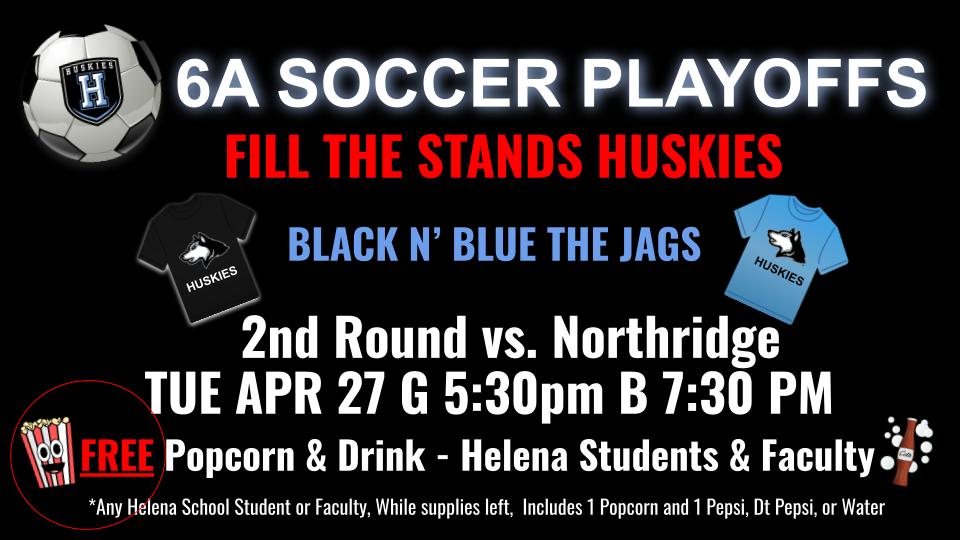 Bt2uali's tweet photo. Calling all friends, family, Helena Students and faculty..Come Fill The Stands, TUE, April 27th!!!
@CityofHelena @HelenaHSSports @HelenaPolice @HHS_GirlSoccer @HHS_BoySoccer @Helena_AL_HAA #soccer #2ndround #playoffs #highschool #alabama #eraking https://t.co/9Ac9DDvRtB
