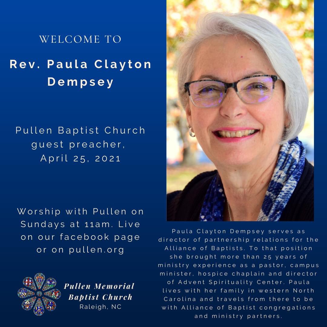 PullenChurch's tweet photo. Please join #PullenChurch for worship at 11am on April 25! We will be joined by @alliancebaptist Rev. Paula Clayton Dempsey. Services are livestreamed on Facebook or on the Pullen website at https://t.co/1P4HS2F87M. https://t.co/8qY5nUCjoS