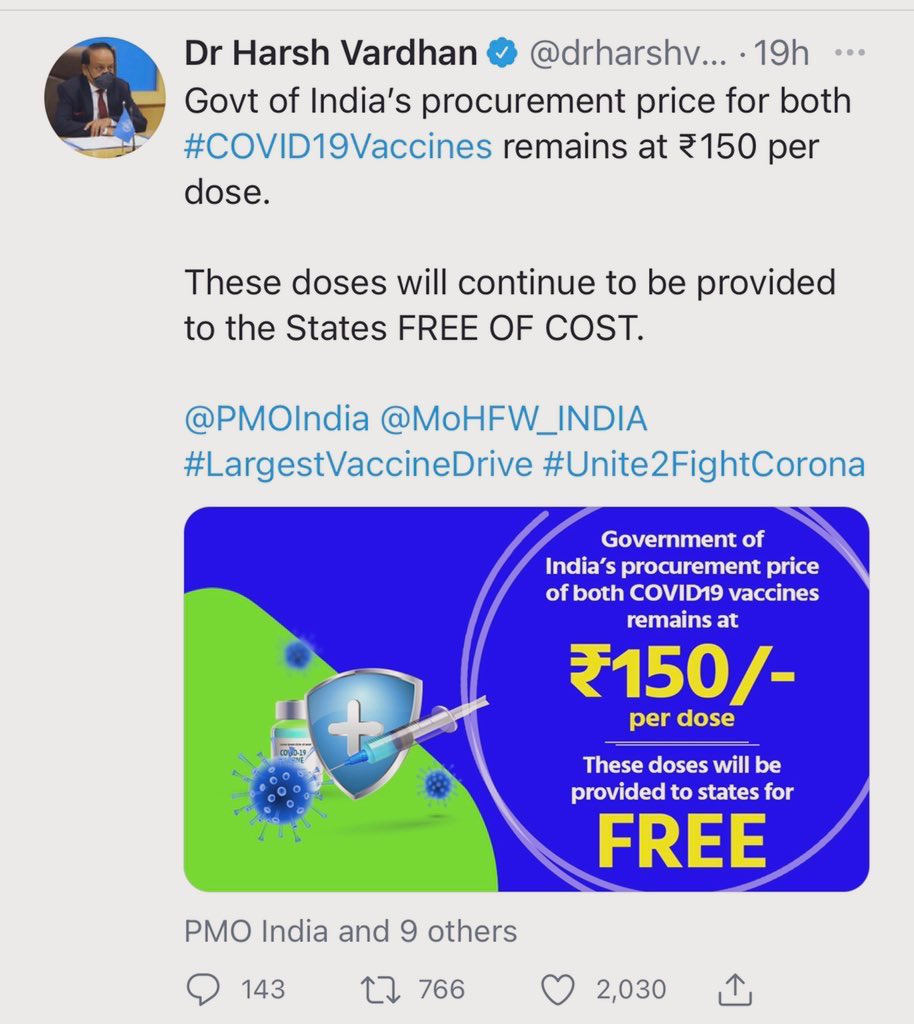 Data on different pricing. Pic1: Union health minister tweet - GoI price Rs 150Pic2: SII price to state govts Rs 400Pic3: Bharat Boitech price to State govts Rs 600