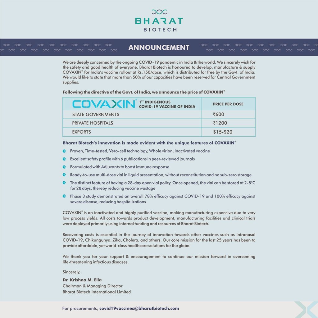 Data on different pricing. Pic1: Union health minister tweet - GoI price Rs 150Pic2: SII price to state govts Rs 400Pic3: Bharat Boitech price to State govts Rs 600