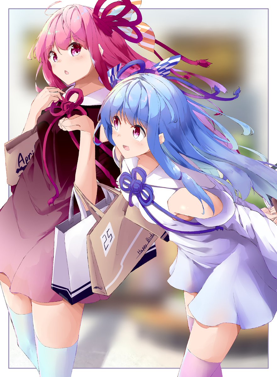 kotonoha akane ,kotonoha aoi multiple girls 2girls sisters siblings pink hair thighhighs blue hair  illustration images