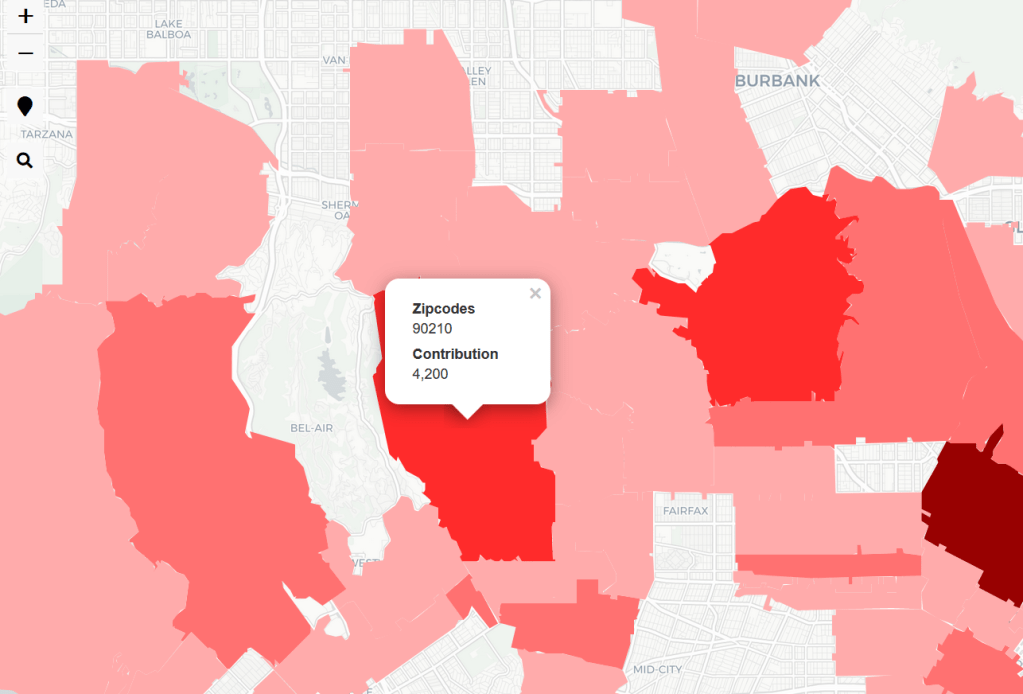 The only zip code not listed for donations to the reelection campaign was 90029 (let's keep it this way, East Hollywood).