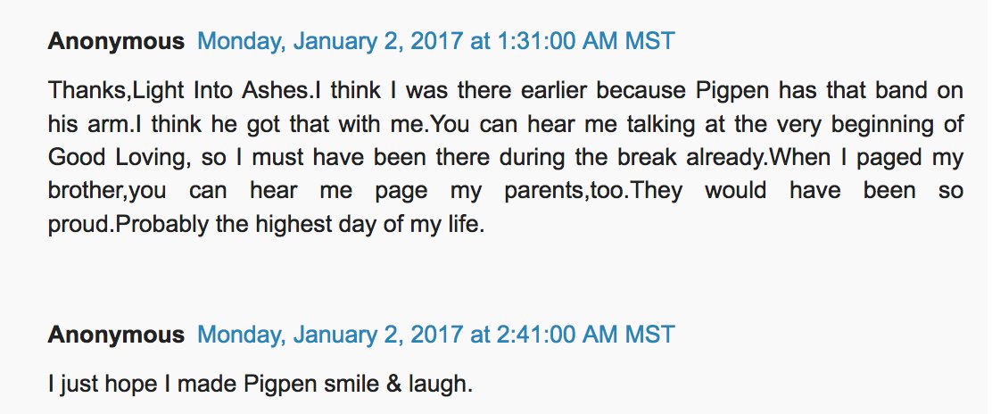 during GOOD LOVIN’ drum break, woman uses mic to page her brother. apparently it’s the same woman who crashes SING BE BACK HOME to ask “can’t you all see how beautiful this is??” jerry doesn’t miss a word. she showed up in  @InstituteJerry’s comments.   #deadfreaksunite [7/7]