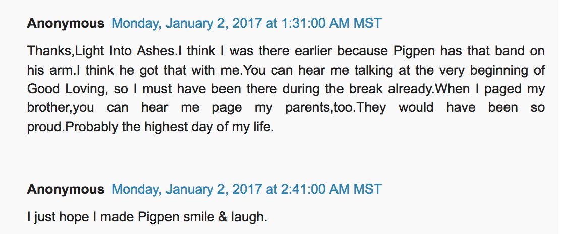 during GOOD LOVIN’ drum break, woman uses mic to page her brother. apparently it’s the same woman who crashes SING BE BACK HOME to ask “can’t you all see how beautiful this is??” jerry doesn’t miss a word. she showed up in  @InstituteJerry’s comments.  #deadfreaksunite [7/7]