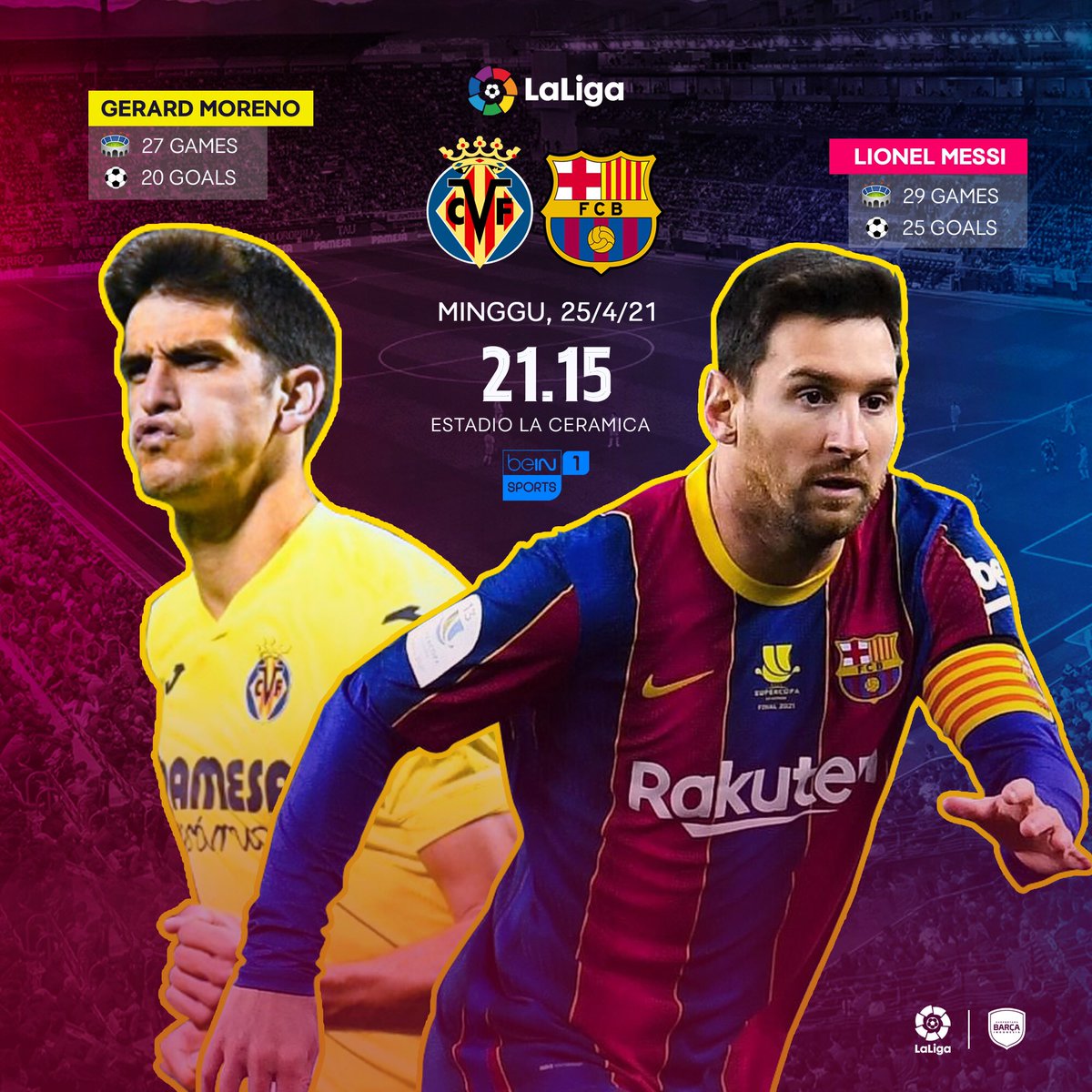 SuporterBarcaID's tweet photo. Perburuan El Phicici (TopScore) LaLiga kian memanas. Lionel Messi ditempel ketat oleh Gerard Moreno striker andalan Villarreal.

Nanti malam kedua tim bersua di markas kapal selam kuning. Menarik untuk dinanti.

Saksikan Villarreal 🆚 FCB, pukul 21.00 hanya di @beINSPORTSid https://t.co/WyFq1jAhME