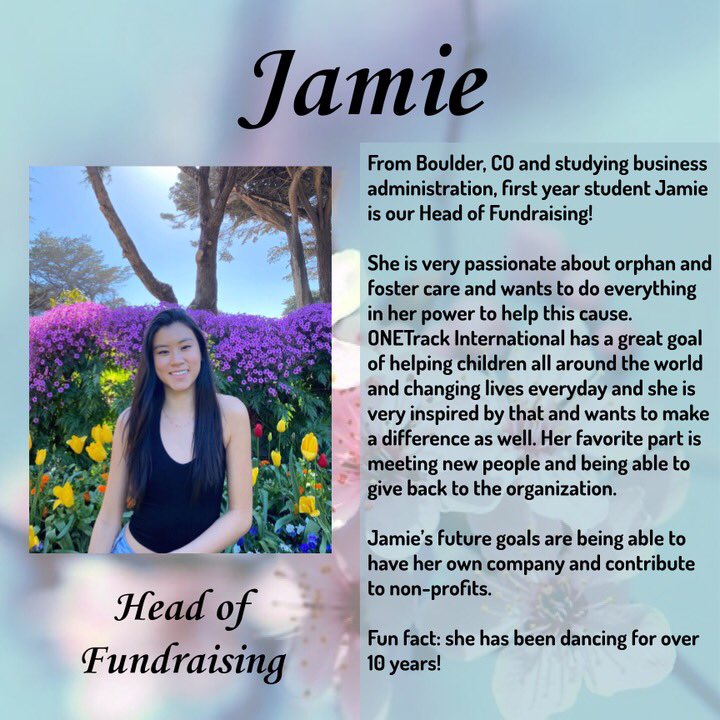 CalONEtrack's tweet photo. From Boulder, CO and studying business administration, first year student Jamie is our Head of Fundraising! 💙

She is very passionate about orphan and foster care and wants to do everything in her power to help this cause.

Fun fact: she has been dancing for over 10 years! https://t.co/0N4GviOxaU