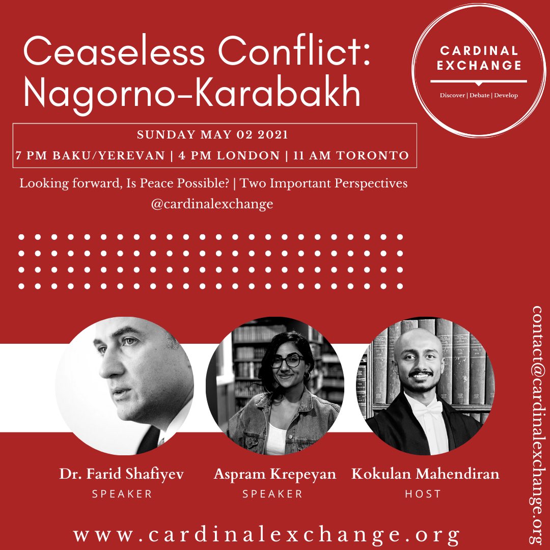 Cardinal_Ex's tweet photo. Join us to explore the #NagornoKarabakh Conflict with two important voices from either side of the issue.

From #Armenia, International Lawyer Aspram Krepeyan.
From #Azerbaijan, former Ambassador Dr. Farid Shafiyev.

Register:
https://t.co/vgWYviV0uh https://t.co/MxAmpHXjGW