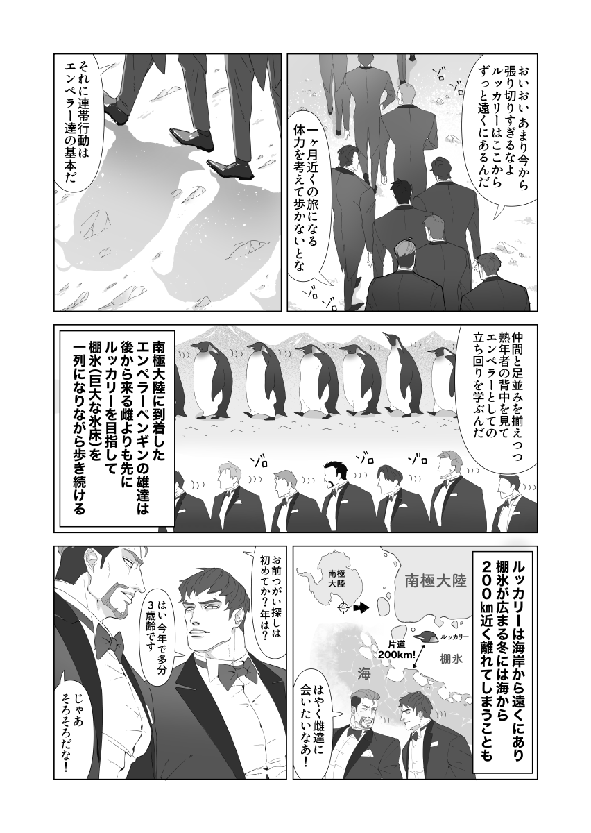 ペンギン擬人化漫画
『エンペラーペンギンの男たち』(1/2)

#世界ペンギンの日
#WorldPenguinDay 