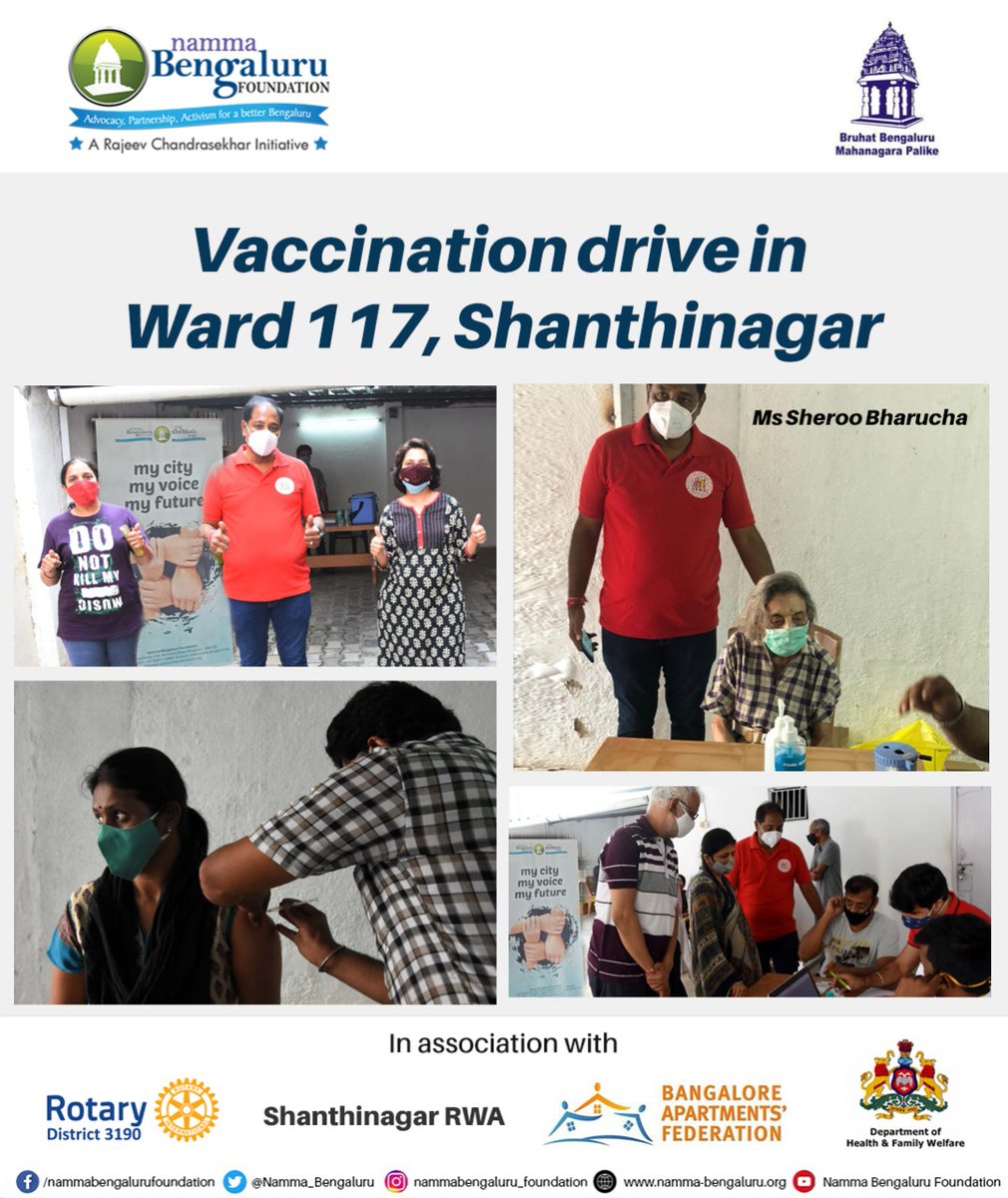 Namma_Bengaluru's tweet photo. Over 300 citizens vaccinated in the #LargestVaccinationDrive @ward117 #Shantinagar organised by @Namma_Bengaluru Foundation in association with #BBMP #UPHC and #Shantinagar RWA.
97 year old Mrs Sheroo Bharucha was vaccinated for her second dose during the drive.
#MaskOnSpitNot https://t.co/lpGM66Gmkp