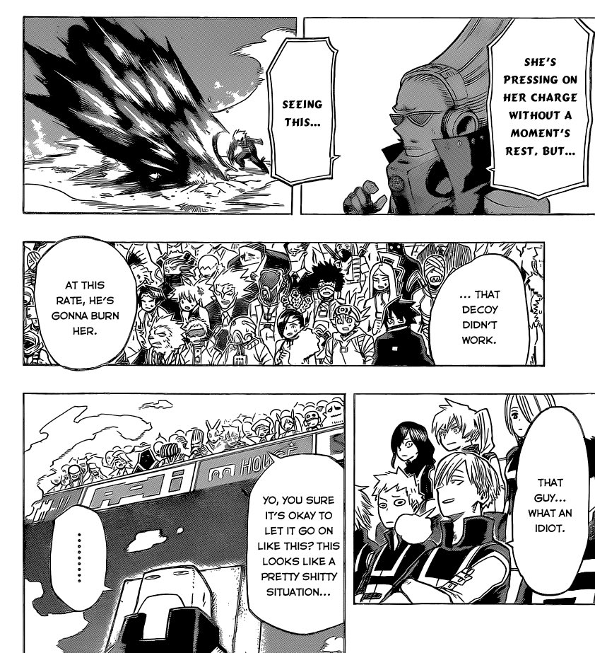 of Bakugou rejecting help for the sake of upholding his view of strength and heroics. On the other hand Uraraka is clearly used to being underestimated and/or perceived as being weaker than she actually is. Their classmates responses to the fight is an indicator of how she’s