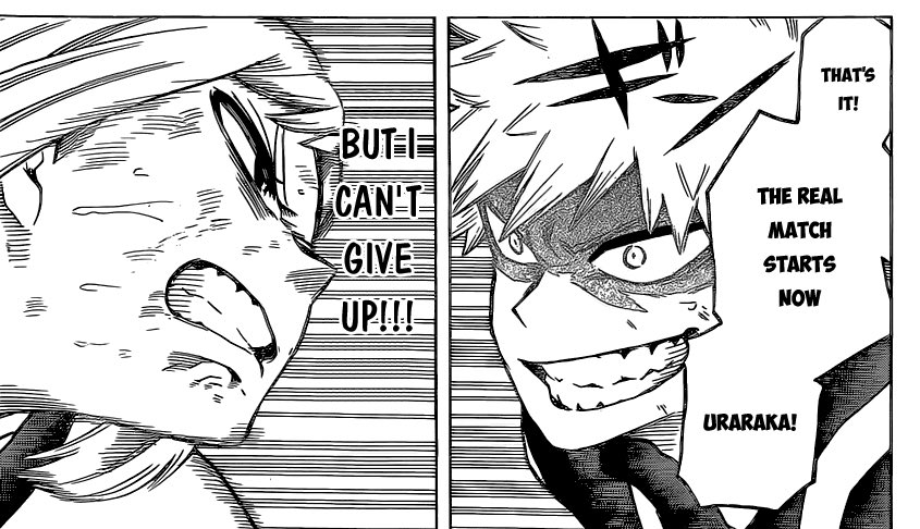 It’s in that moment I feel Bakugou truly saw her as an equal opponent. It’s why he’s excited to engage with the fight after he prevents her attack, where comparatively he wasn’t particularly enthusiastic about their match going in- because to some extent he did underestimate her.