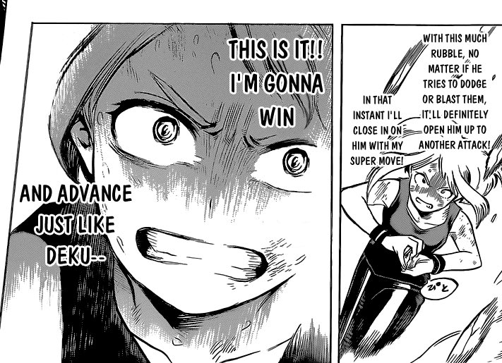 perceived and how this perception doesn’t align with the level of strength she actually contains. Uraraka went into this fight knowing Bakugou wouldn’t hold back or underestimate her. Her thanks before she releases her quirk is genuine. In that moment she thinks this is it.