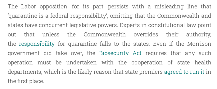 The line that 'quarantine is a federal responsibility' is an  @AustralianLabor half truth. Constitution does not confer responsibility, only power, with states, to legislate re quarantine. States remain responsible for delivery of health services  #auspol  https://estherrockett.com/2021/04/23/stranded-aussies-and-insular-australias-makeshift-pandemic-safety/