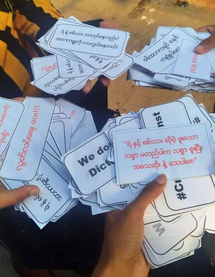 SeemlyOf's tweet photo. Voices turned into words. Handing out and scattering anti-coup related brochures  by residents in Hlaing Tsp, Yangon.
#Apr25Coup
#ASEANsupportNUG
#WhatsHappeningInMyanmar https://t.co/6V6TcddUYa https://t.co/mFSHSgF56E