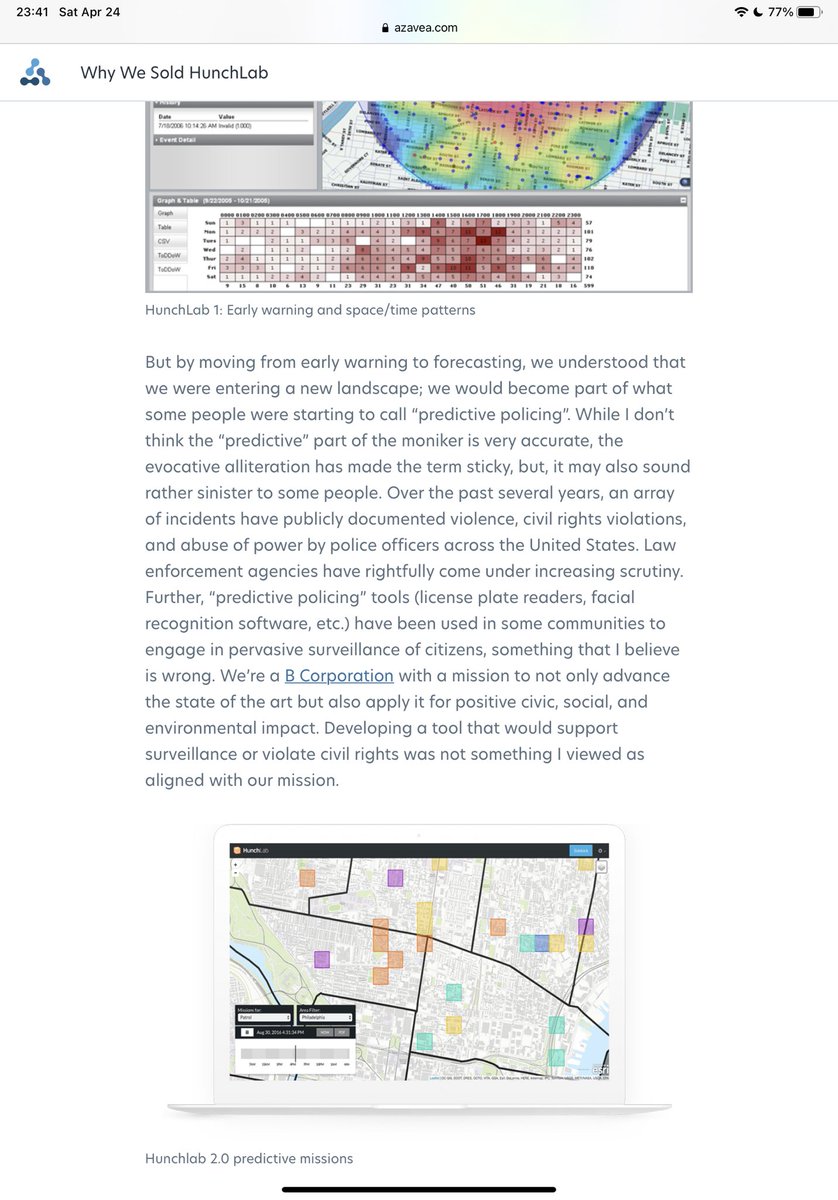 HunchLab’s creator wrote about the background of the software, which started in 1998 for the Philadelphia police department.  https://www.azavea.com/blog/2019/01/23/why-we-sold-hunchlab/