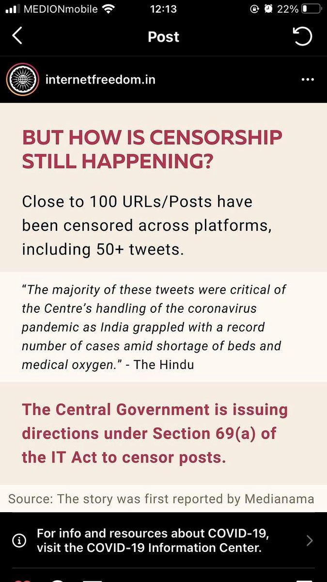 Allegedly the Disaster Management Act is being cited to censor social media about  #COVIDEmergency2021 which is pretty much the only way to share urgent information+updates right now! This is false. Pls continue to share/amplify so that life saving resources can be shared!