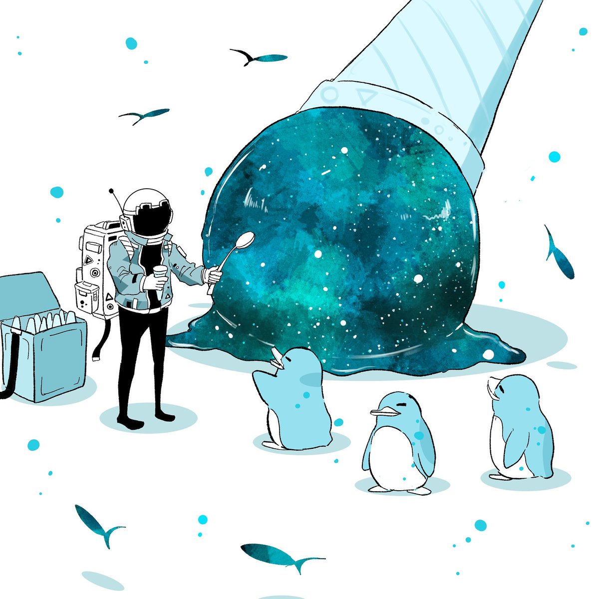 penguin bird bag backpack space helmet standing white background  illustration images