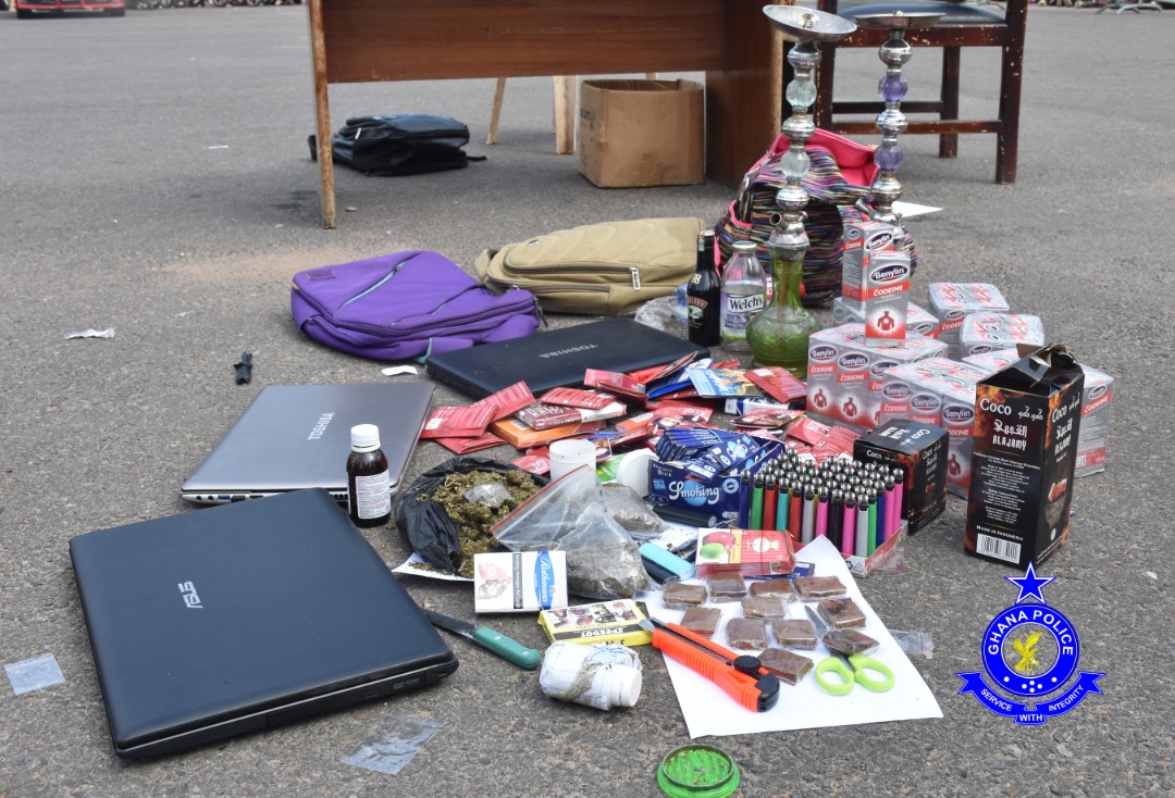 in Achimota-Kingsby Accra on 22nd April, 2021. The arrest is part of the Police Administration's resolve to use intelligence-led operations to rid the city of criminals. The suspects, between the ages of 19 and 25 were arrested with assorted items, retrieved by Police.