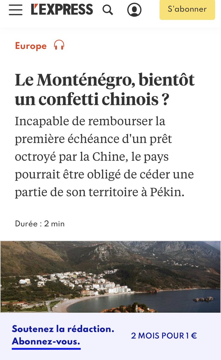 Comme le Monténégro, l’Algérie pourrait devenir la nouvelle victime de la stratégie de colonisation de la Chine par la dette. «Incapable de rembourser la 1ère échéance d'un prêt chinois, le pays pourrait être obligé de céder une partie de son territoire à Pékin. »  https://twitter.com/rboudjeriou/status/1384617092683550721
