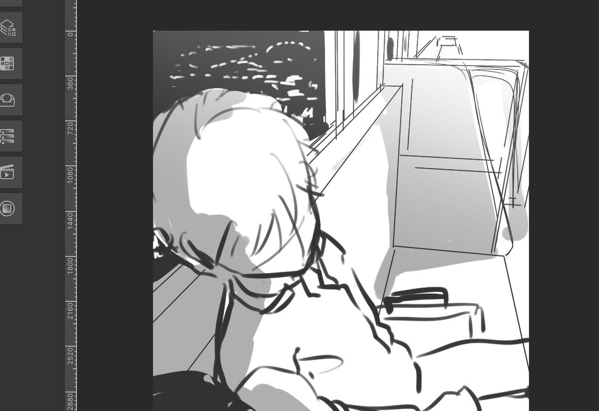 電車の窓から見えるきれいな夜景が描きたいな〜ッ!て思ってたのに構図ラフはモブおじさん目線になってる 