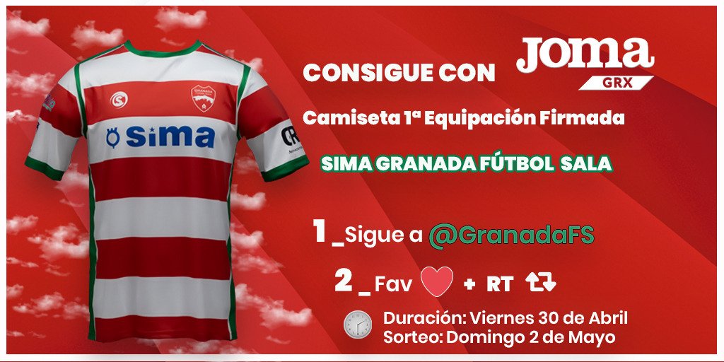 GranadaFS's tweet photo. 🔴¡SORTEO!🔴 Este fin de semana no hay partido pero te puedes llevar una alegría... ¡Consigue GRATIS la camiseta del #SIMAGranadaFS!

1️⃣ Síguenos @GranadaFS 
2️⃣ Da RT y Fav

Sorteo activo hasta el 30 de abril. Ganador/a el domingo 2 de mayo.
Powered by https://t.co/5YNmaxAzoz https://t.co/kNcRwQsjpq