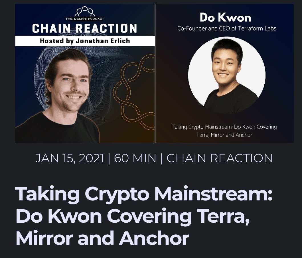  @PodcastDelphi interview - published January 2021Show notes, timestamps, transcripts  https://www.delphidigital.io/podcasts/taking-crypto-mainstream-do-kwon-covering-terra-mirror-and-anchor/("KRT" is mistranscribed as "CARROT" in the transcripts )