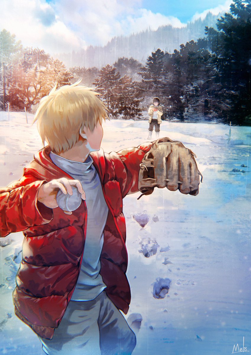 denji (chainsaw man) snowball multiple boys blonde hair outdoors snow 2boys baseball mitt  illustration images