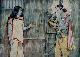 While the entourage went for bath, Draupadi prayed Krishna. Krishna appeared & asked for food. She said she had no food left, but found a lone grain of rice and a piece of veg stuck to the akshayapatra.He partook of that and announced that he was satisfied with the meal.19/23