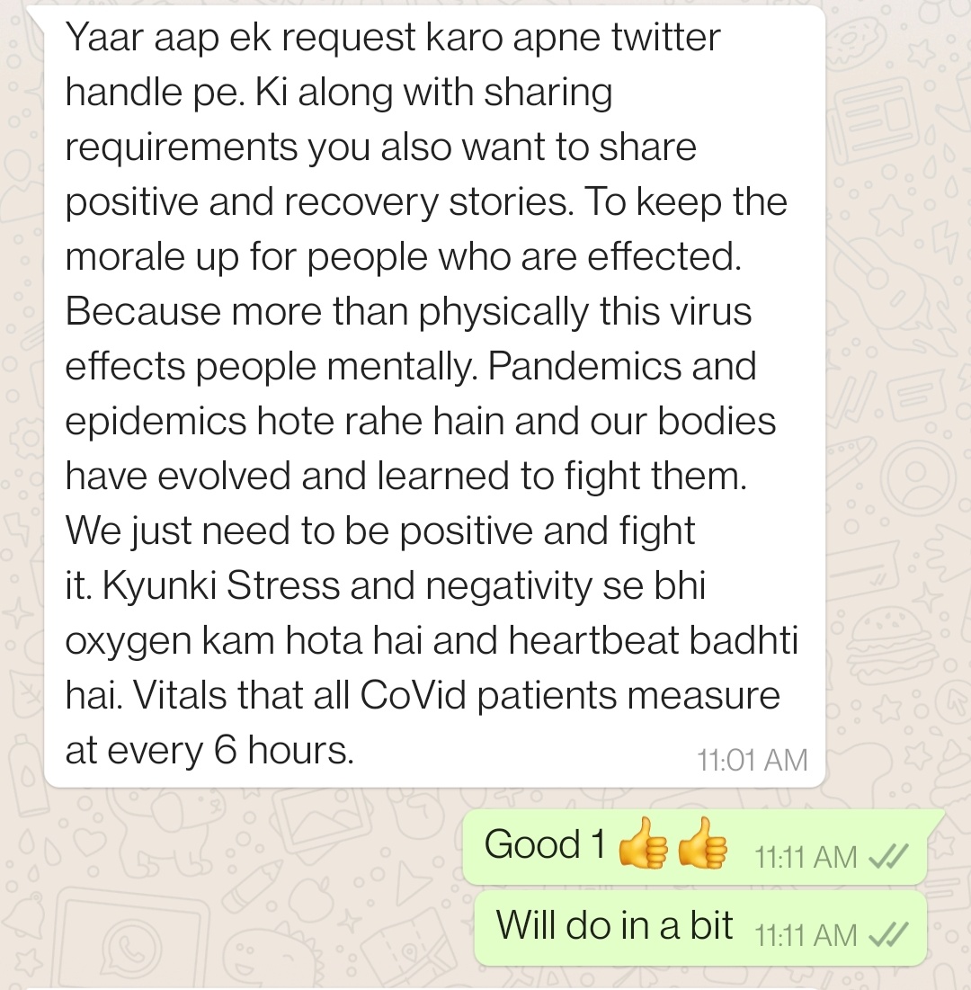 bhatiamanu's tweet photo. Msg from my Wife, Who is Self-Isolating (Pic1)

Also, We have a Family Group where everyone checks &amp; posts SpO2, BP, Temp, Pulse. Twice daily. We also share healthy practices  

This looks simple, But ain't that easy to do 
#discipline #consistency
#NoPanic
#StayHomeStaySafe https://t.co/48KWF259ir