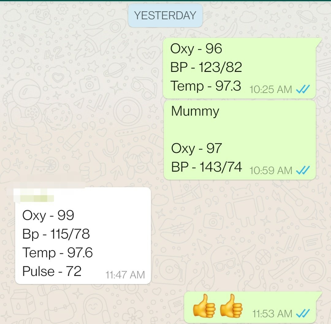 bhatiamanu's tweet photo. Msg from my Wife, Who is Self-Isolating (Pic1)

Also, We have a Family Group where everyone checks &amp; posts SpO2, BP, Temp, Pulse. Twice daily. We also share healthy practices  

This looks simple, But ain't that easy to do 
#discipline #consistency
#NoPanic
#StayHomeStaySafe https://t.co/48KWF259ir
