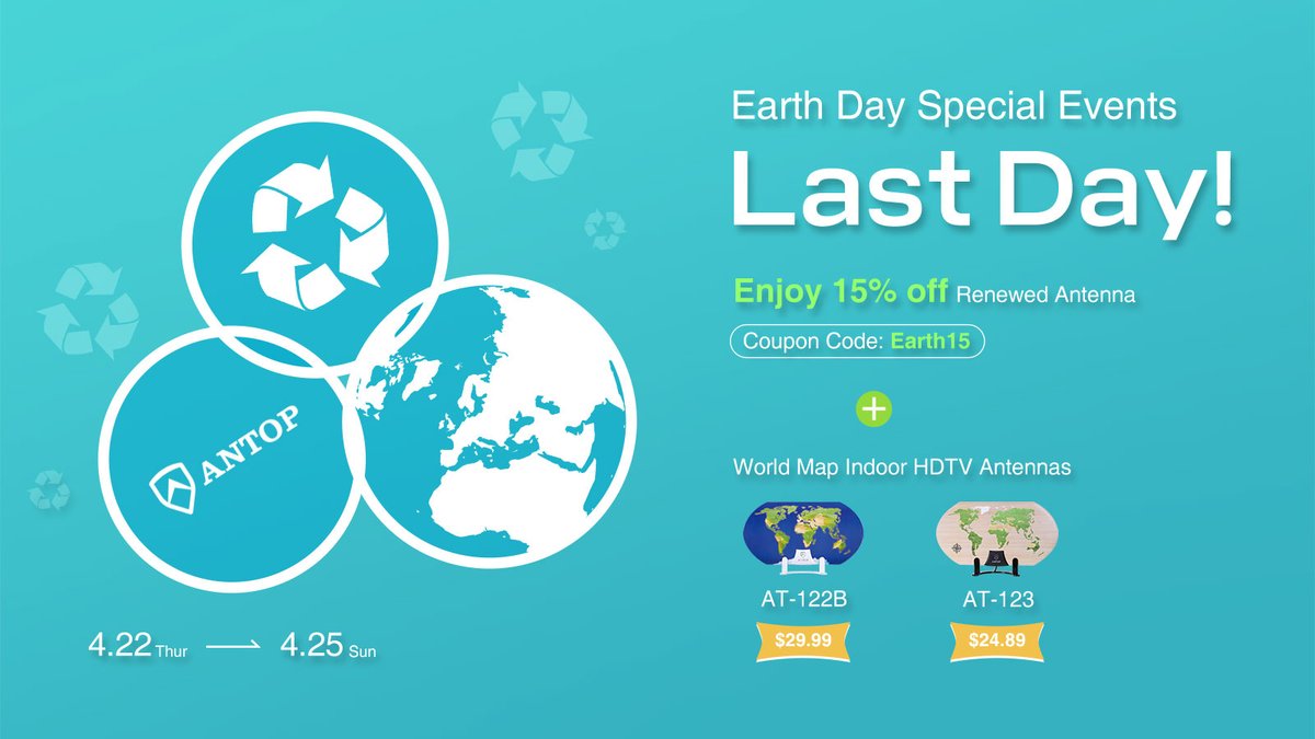 Today is the last day to take advantage of our Earth Day Special Deals!🌎
Use Code Earth15 to enjoy 15% off Renewed Antennas!
Plus special offer of only $29.99 for World Map AT-122B Indoor HDTV Antenna!
antopusa.com/antop-product/…