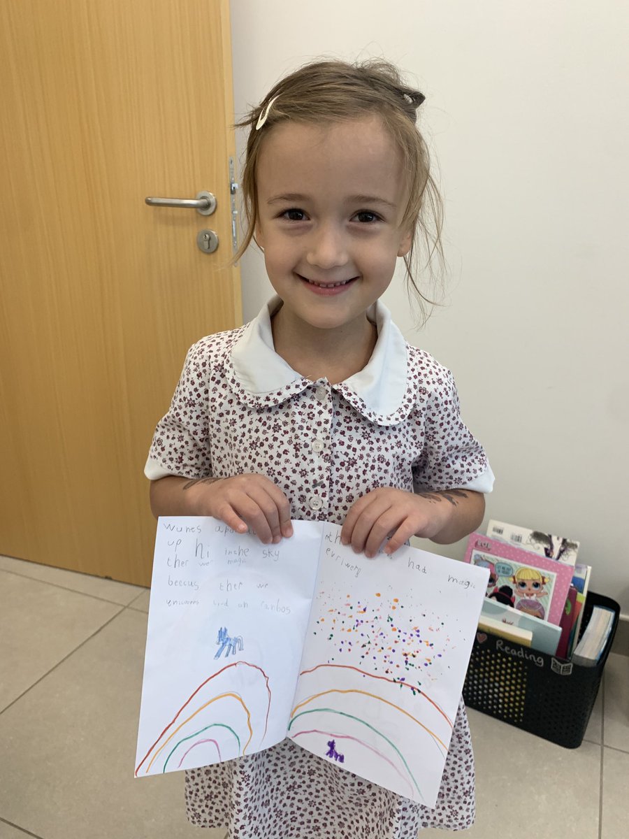 Congratulations to Lejla in FS2 for her fabulous book all about unicorns who live on rainbows. She is the “author and illustrator” and has done an incredible job! Super star writer! ⁦@KentCollegeDXB⁩ #superstarwriter