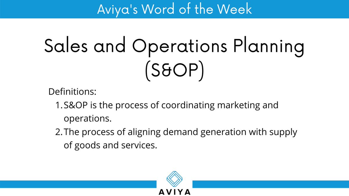 AviyaLtd's tweet photo. Aviya's Word of the Week: Sales and Operations Planning (S&amp;OP)👀 

S&amp;OP is designed to align demand processes such as sales, promotion and distribution with supply chain process such as service delivery, supply chain and manufacturing. 

#wordoftheweek #mfguk #supplychain https://t.co/DUKIjC0GXJ
