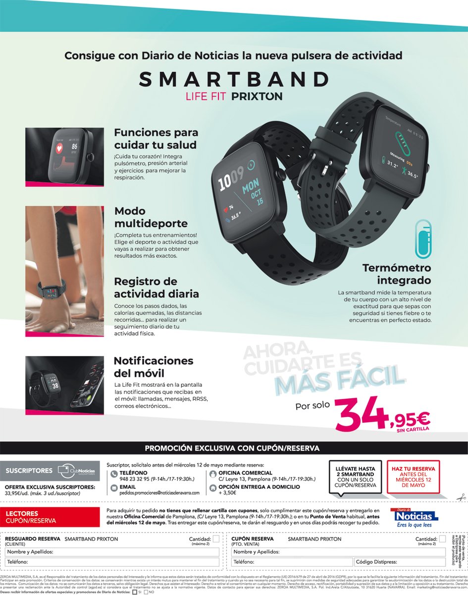 NoticiasNavarra's tweet photo. Consigue con Diario de Noticias la nueva pulsera de actividad Smartband Life Fit de Prixton, con funciones para cuidar tu salud y termómetro integrado, para que cuidarte sea más fácil. 
📆 Promoción válida hasta el miércoles 12 de mayo. ¡No te quedes sin él!
#smartband #prixton https://t.co/naB2sLqosQ