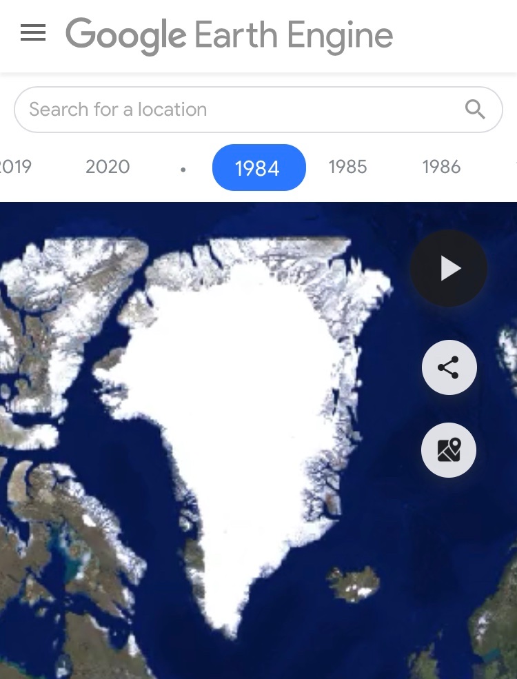 Greenland ices shrinkingView:  https://earthengine.google.com/timelapse#v=72.63193,-38.57462,1.761,latLng&t=0&ps=50&bt=19840101&et=20201231&startDwell=0&endDwell=0