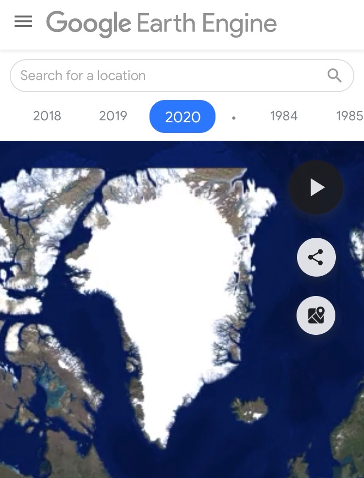 Greenland ices shrinkingView:  https://earthengine.google.com/timelapse#v=72.63193,-38.57462,1.761,latLng&t=0&ps=50&bt=19840101&et=20201231&startDwell=0&endDwell=0