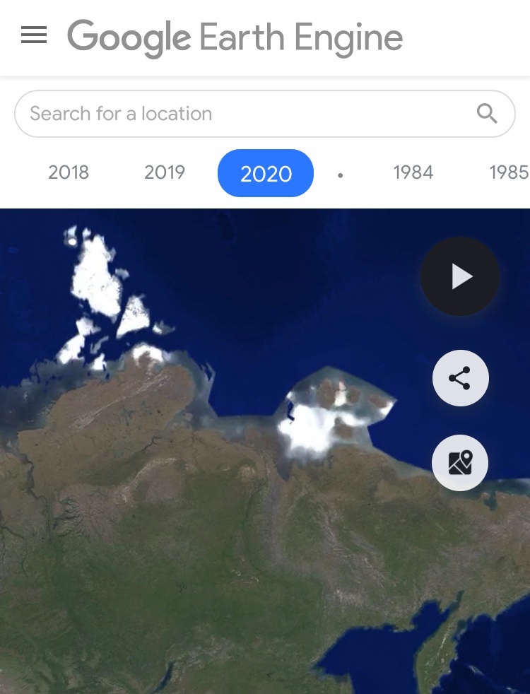 Siberia and Eastern Asia ices and snow shrinkingView:  https://earthengine.google.com/timelapse#v=69.86946,127.12537,1.852,latLng&t=0&ps=50&bt=19840101&et=20201231&startDwell=0&endDwell=0