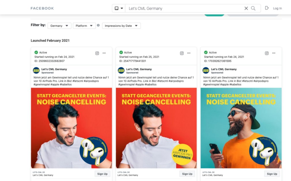 A screen grab of Facebook's ad library showing competitions advertised by the Let's CML Instagram account – with no mention of Camel
