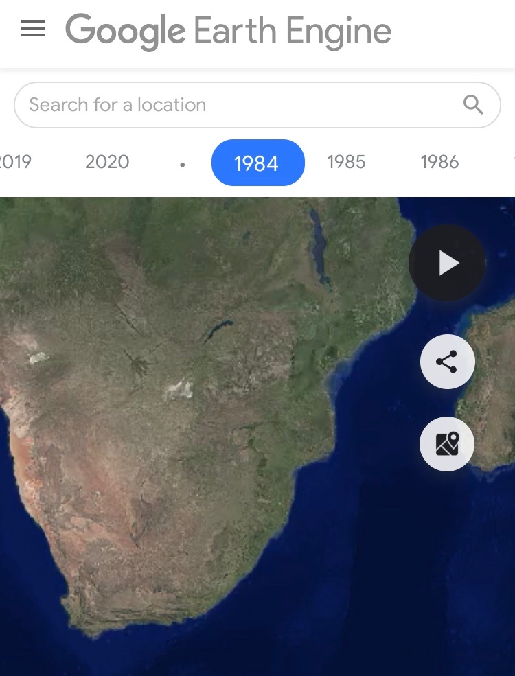 Southern Africa desertify-ingView:  https://earthengine.google.com/timelapse#v=-25.76378,30.49948,3.438,latLng&t=3.6&ps=50&bt=19840101&et=20201231&startDwell=0&endDwell=0