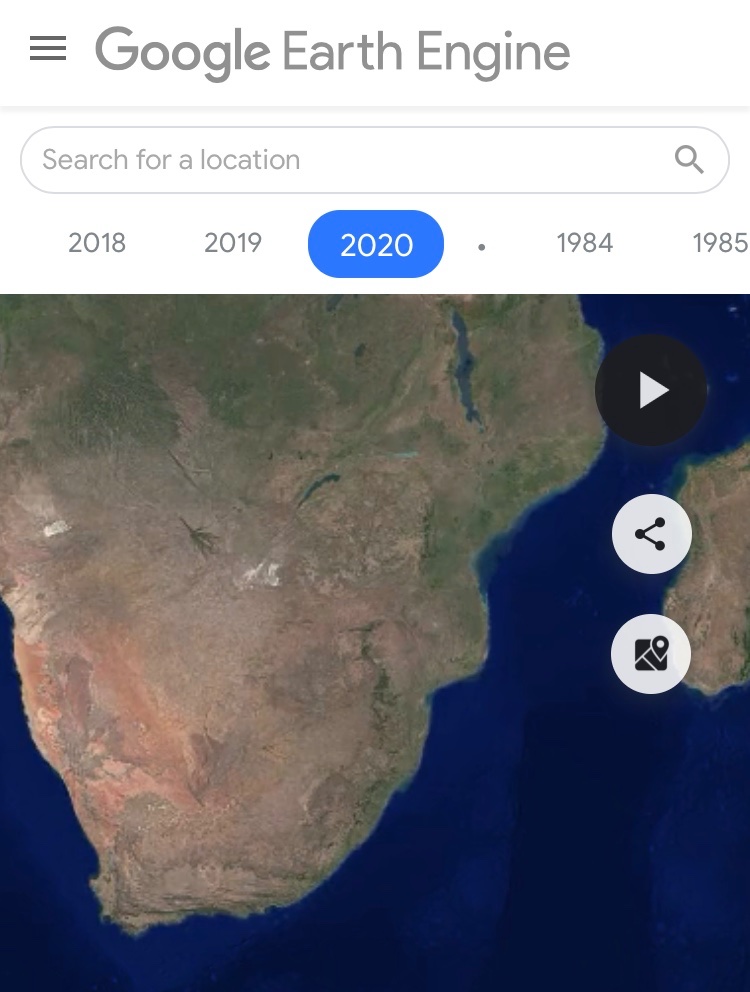 Southern Africa desertify-ingView:  https://earthengine.google.com/timelapse#v=-25.76378,30.49948,3.438,latLng&t=3.6&ps=50&bt=19840101&et=20201231&startDwell=0&endDwell=0