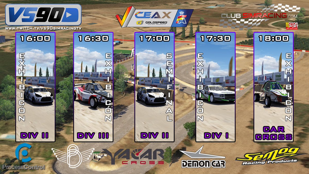 CeaxVirtual's tweet photo. 🟢Comienza el #Evento2 @CeaxVirtual🟢
Carreras:
16:00h Exhibición Div. II
16:30h Exhibición Div. III
17:00h Semis Div. II
17:30h Exhibición Div. I
18:00h Exhibición CarCross.
Circuito: ESPLUS
Directo en: https://t.co/4IsGs9IlzL
@RFEdeA
@CEAX_RFEdA https://t.co/T5tz8E2HBX