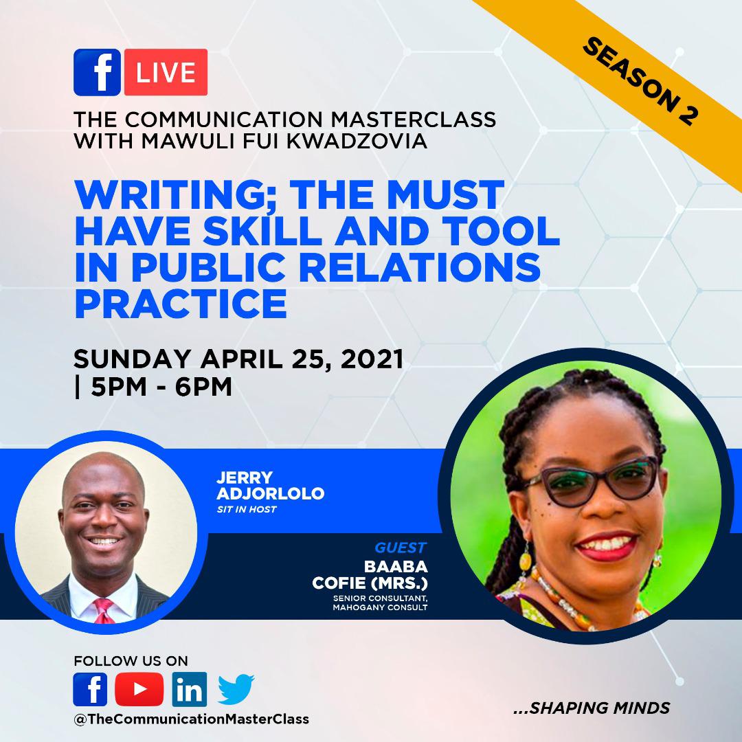 Our Senior Consultant, <a href="/baabacof/">Baaba Cofie</a>, is the guest for 
<a href="/commasterclass/">The Communication MasterClass</a> today. Join us in this learning experience.
<a href="/womeninprghana/">womeninprghana</a>
 
#addingvalue
#shapingminds