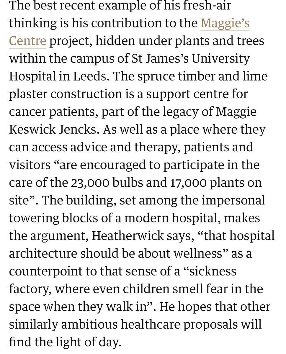 Brief aside, I like Heatherwick's Maggie's Centre, and as long as it doesn't leak, will help people fall with their cancer. Sadly though, it cannot be a model of healthcare as he hopes because the political & economic system he works towards is destroying the NHS