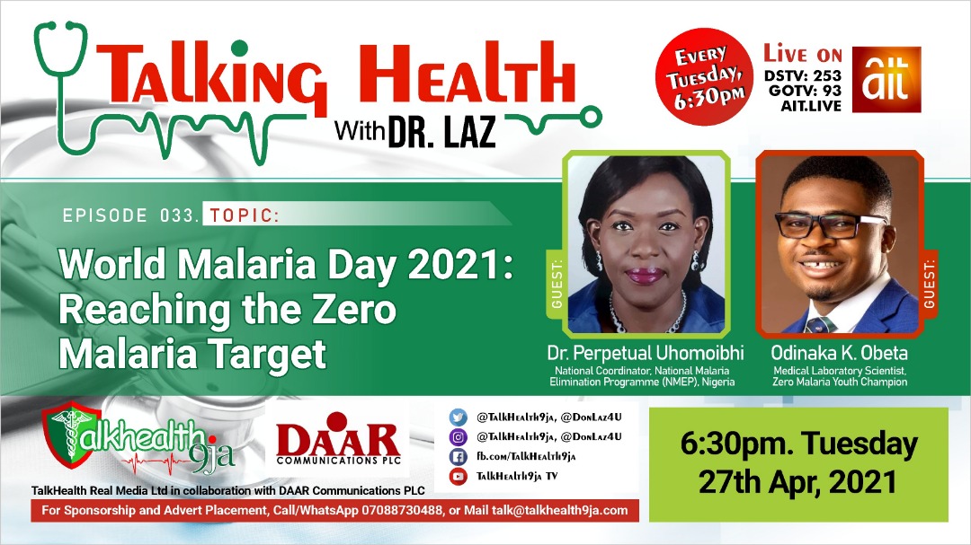 TalkHealth9ja (@talkhealth9ja) on Twitter photo In commemoration of #WorldMalariaDay2021.
Dr. Perpetual Uhomoibhi.
-National Coordinator, National Malaria Elimination Programme <a href="/NMEPNigeria/">NMEPNigeria</a>.
&
Odinaka Kingsley Obeta.
-Medlab Scientist, Lead <a href="/BlockMalaria/">Block Malaria Africa Initiative</a> project, will be #TalkingHealthWithDrLaz on Tuesday by 6:30pm. In commemoration of #WorldMalariaDay2021.
Dr. Perpetual Uhomoibhi.
-National Coordinator, National Malaria Elimination Programme <a href="/NMEPNigeria/">NMEPNigeria</a>.
&
Odinaka Kingsley Obeta.
-Medlab Scientist, Lead <a href="/BlockMalaria/">Block Malaria Africa Initiative</a> project, will be #TalkingHealthWithDrLaz on Tuesday by 6:30pm.