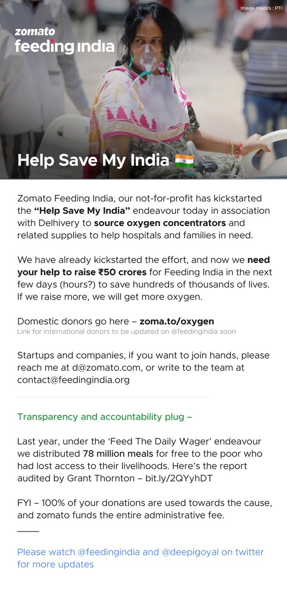 Zomato Feeding India, our not-for-profit has kickstarted the “Help Save My India” endeavour today in association with  @delhivery to source oxygen concentrators and related supplies to help hospitals and families in need.