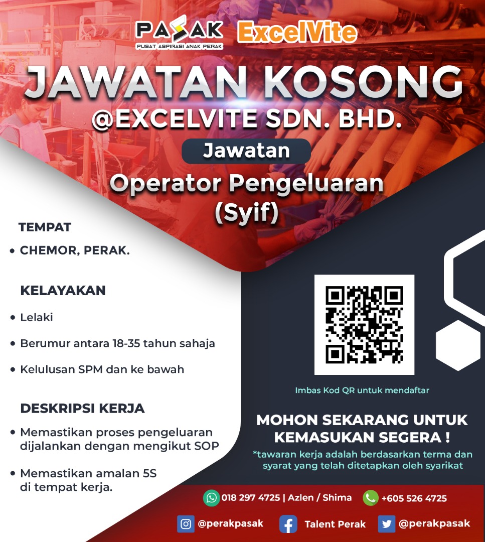 perakpasak's tweet photo. JAWATAN KOSONG
Excelvite Sdn. Bhd
Chemor, Perak.
1️⃣ Operator Pengeluaran (Syif)
2️⃣ Operator Pengeluaran (Bukan Syif)
🔗 https://t.co/6Fi7ROPwFR
☎️ https://t.co/U6R2E0UY3B (Isnin - Jumaat jam 9.00 pagi - 5.00 petang - Tidak termasuk cuti umum)
#Excelvite #operatorpengeluaran https://t.co/vJIJhrueUD
